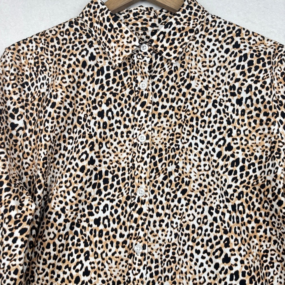 Chico's Button Down Shirt Womens 2 L 12 Leopard Print Cotton‎ Stretch